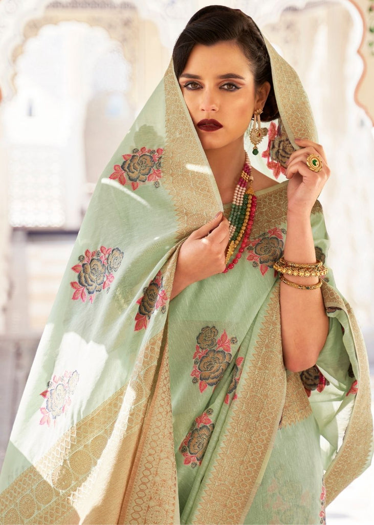 Pastel Green Linen Woven Silk Saree with Zari work on Border and Pallu Clothsvilla