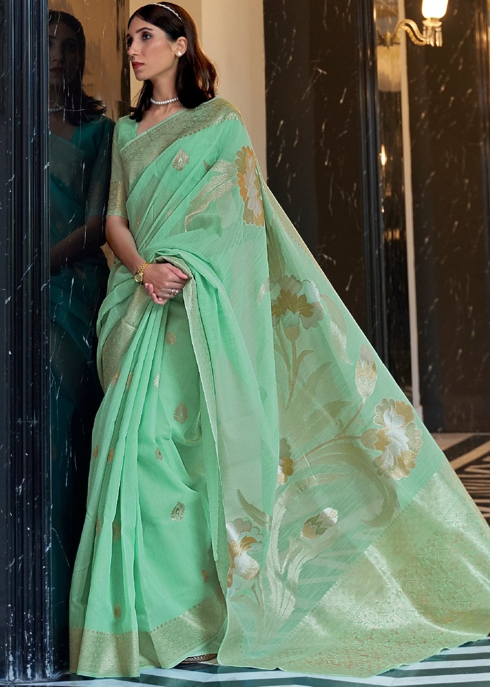 Fern Green Zari Woven Linen Silk Saree Clothsvilla Main image