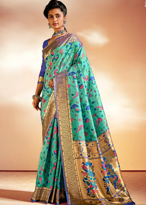 Jungle Green Woven Banarasi Paithani Silk Saree Clothsvilla Main image