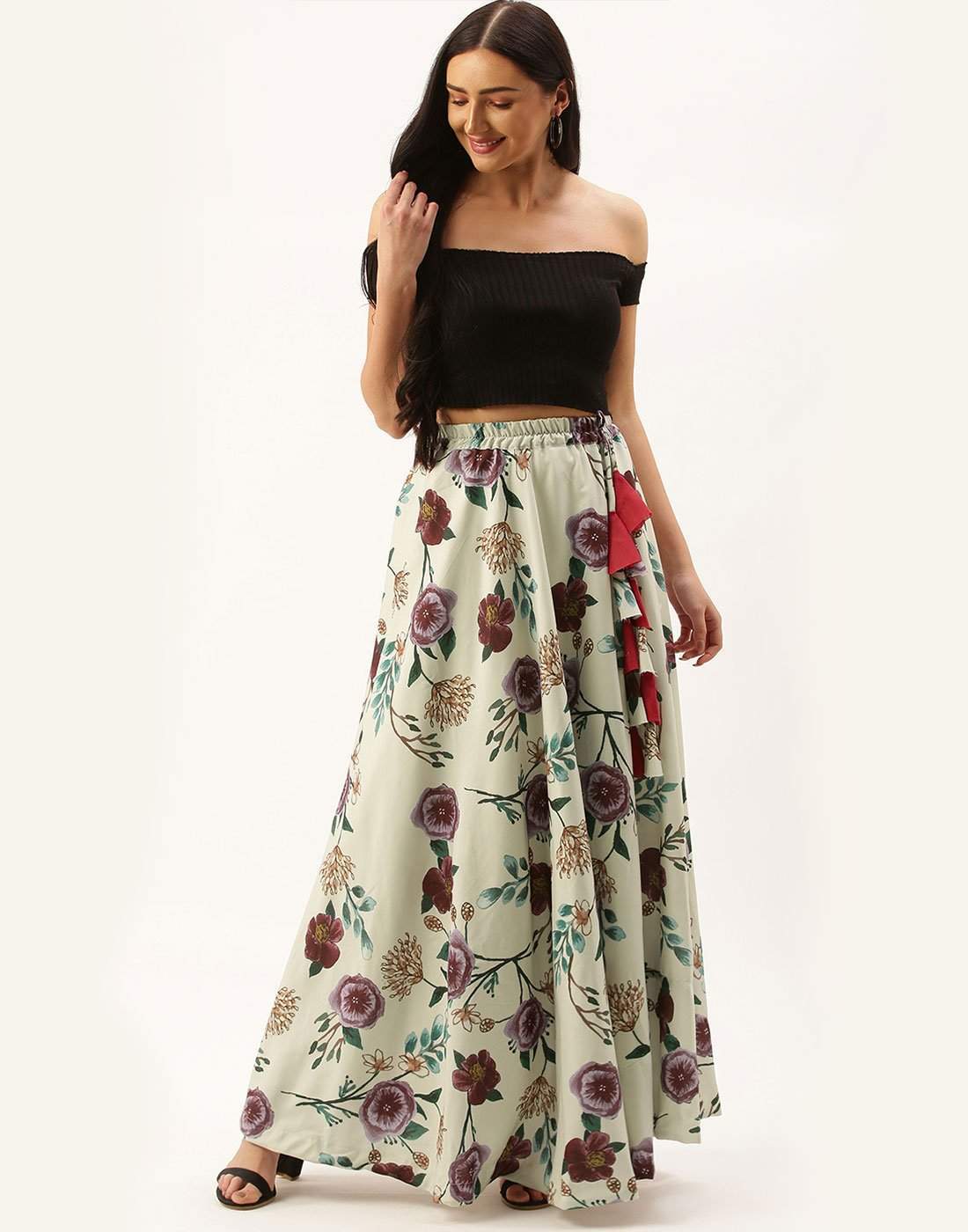 Light Green Skirt with flowers Digital Printed ClothsVilla