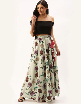 Light Green Skirt with flowers Digital Printed ClothsVilla