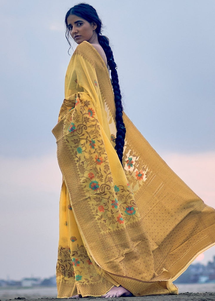 Tuscany Yellow Woven Linen Silk Saree with Floral Motif on Pallu and Border Clothsvilla