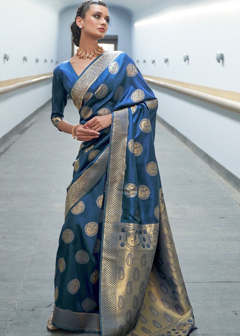 Aegean Blue Woven Banarasi Silk Saree with overall Butti Clothsvilla Main image