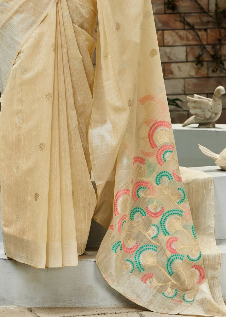 Ivory White Banarasi Cotton Silk Saree with Floral Motif Pallu Clothsvilla