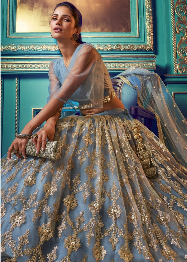 Pewter Grey Designer Soft Net Lehenga Choli with Sequin work and Ruffles Sleeves Clothsvilla