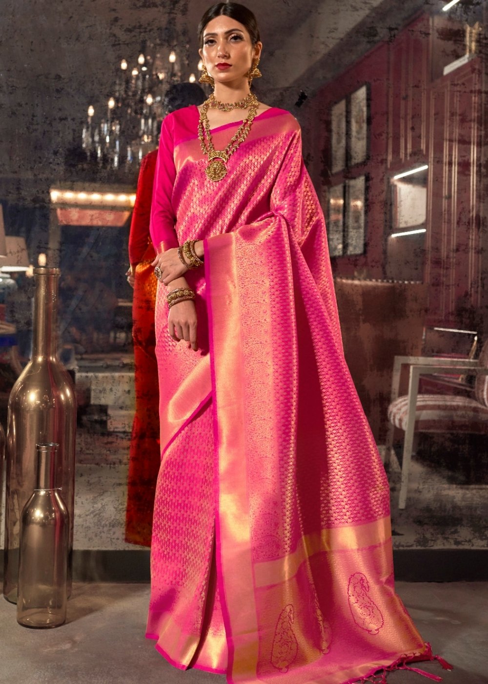 Hot Pink and Golden Blend Kanjivaram Soft Woven Silk Saree Clothsvilla Main image