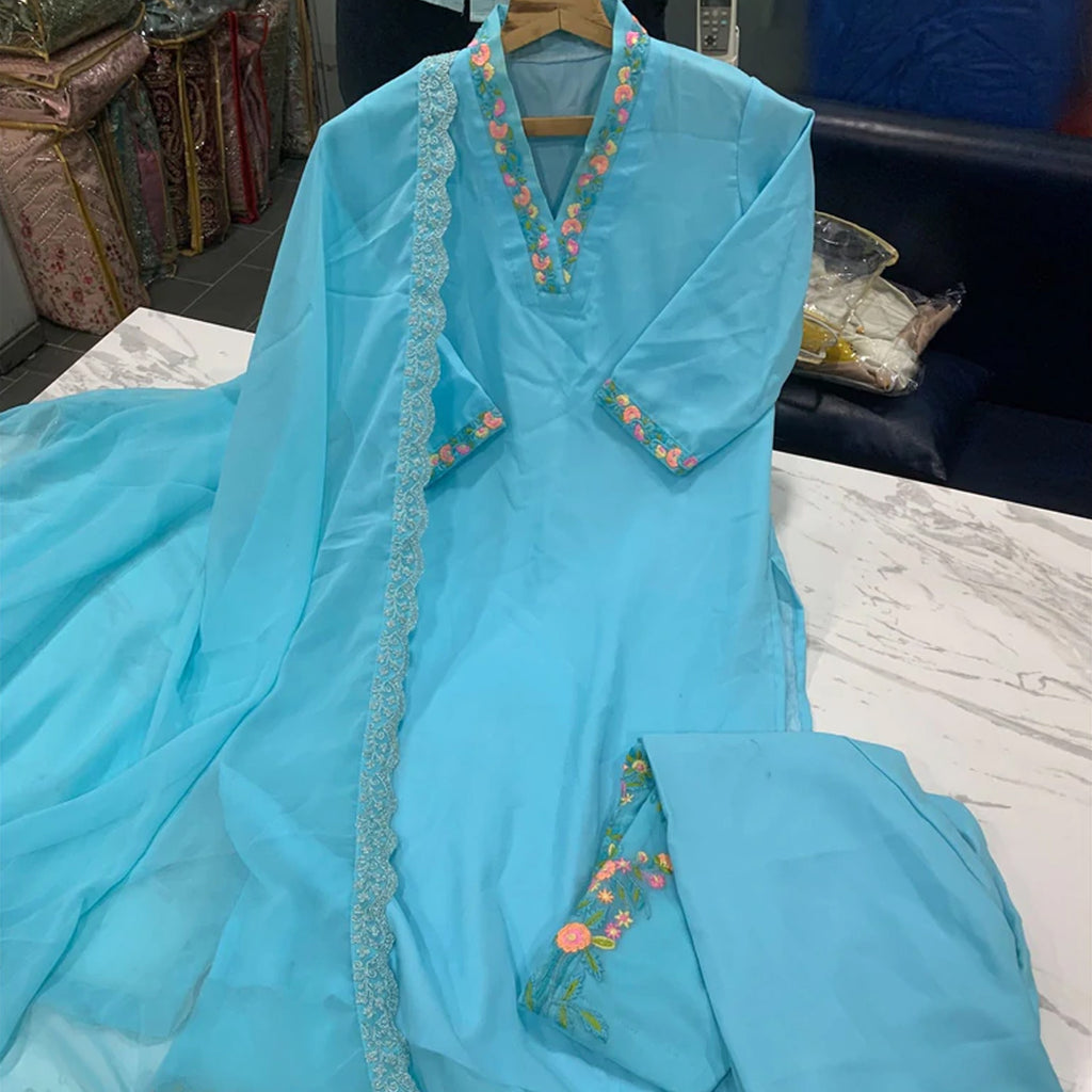 Sky Blue Georgette Semi-stitched Suit with Heavy Thread and Resham work ClothsVilla