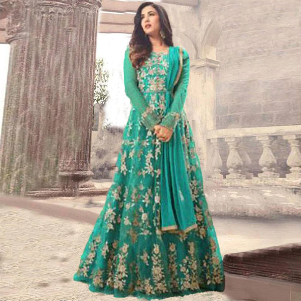 Sky Blue Net Designer Gown with Heavy Embroidery work ClothsVilla