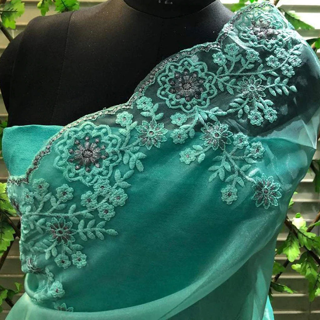Sky Blue Organza Silk Saree with Beautiful Viscose Embroidery Work and Silk Blouse for Wedding ClothsVilla