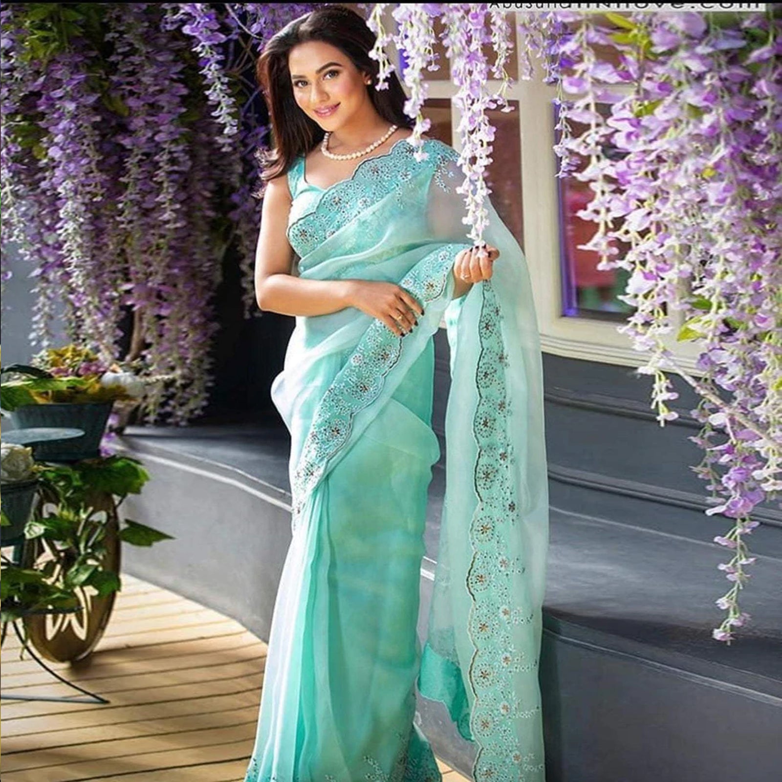 Sky Blue Organza Silk Saree with Beautiful Viscose Embroidery Work and Silk Blouse for Wedding ClothsVilla