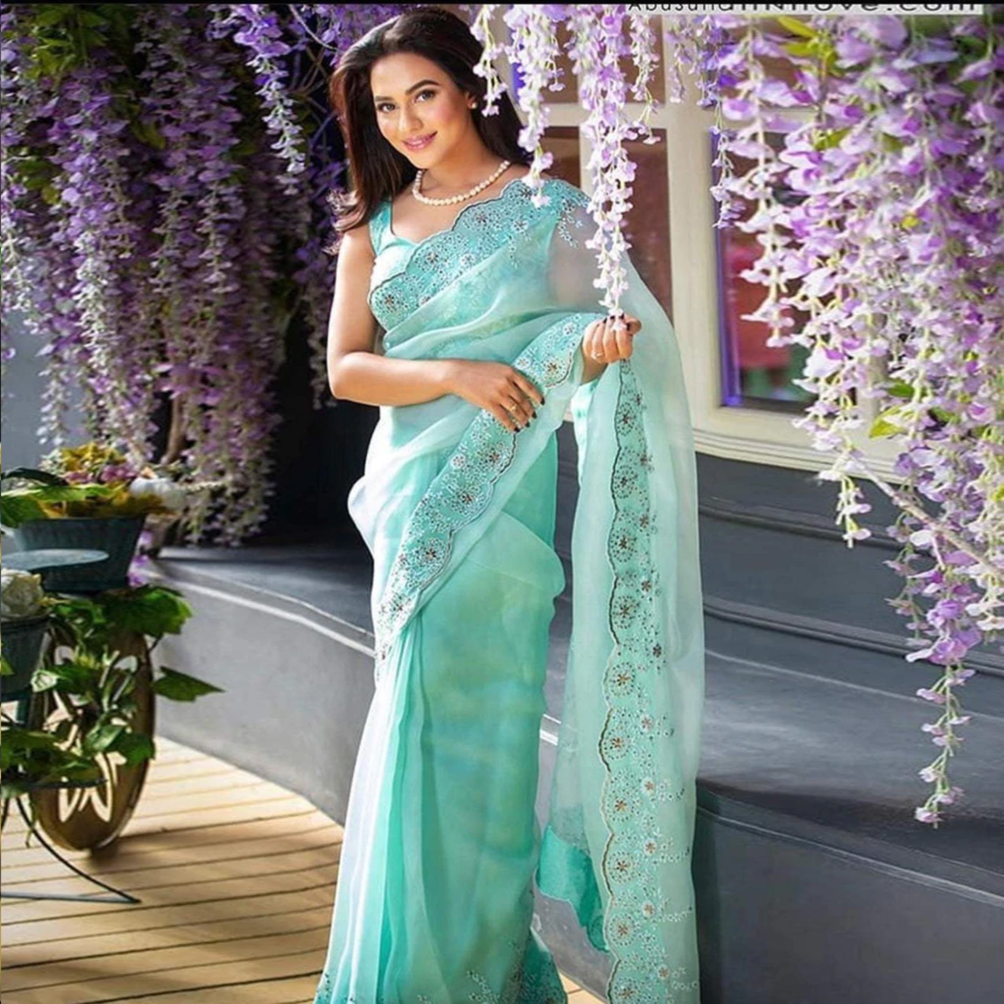 Sky Blue Organza Silk Saree with Beautiful Viscose Embroidery Work and Silk Blouse for Wedding ClothsVilla