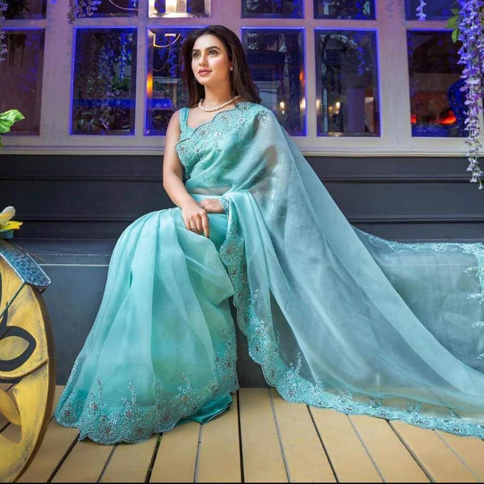 Sky Blue Organza Silk Saree with Beautiful Viscose Embroidery Work and Silk Blouse for Wedding ClothsVilla