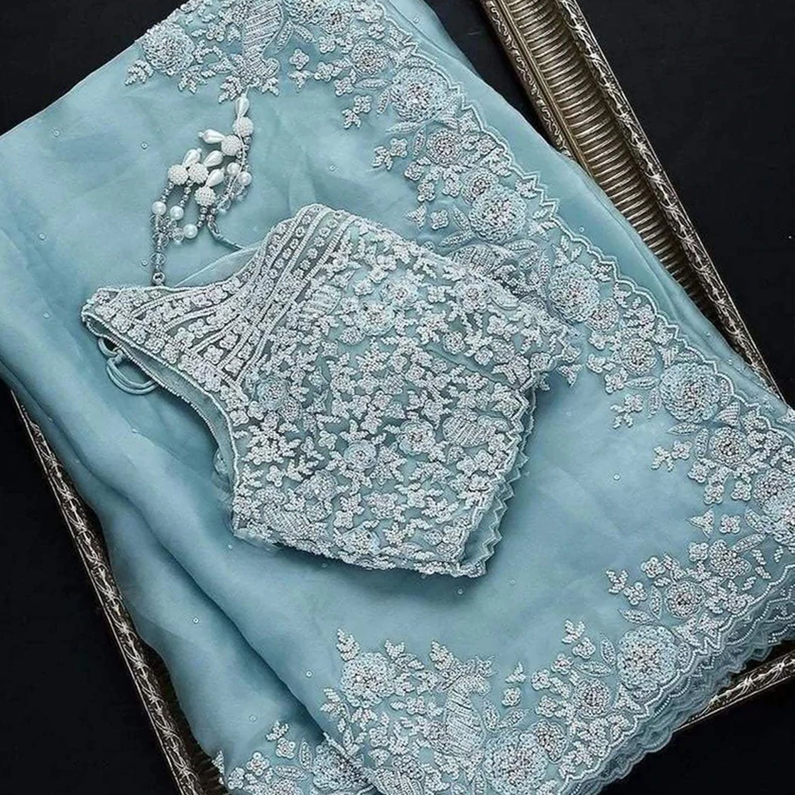 Sky Blue Organza Silk Saree with Heavy Embroidery work ClothsVilla