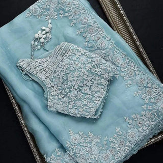 Sky Blue Organza Silk Saree with Heavy Embroidery work ClothsVilla