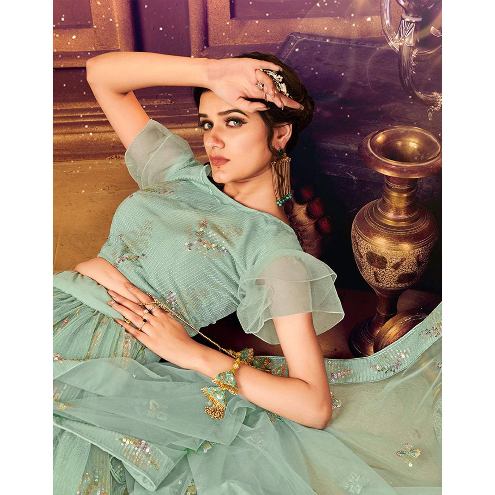 Light Green color Soft Net Lehenga with Heavy Sequence work ClothsVilla