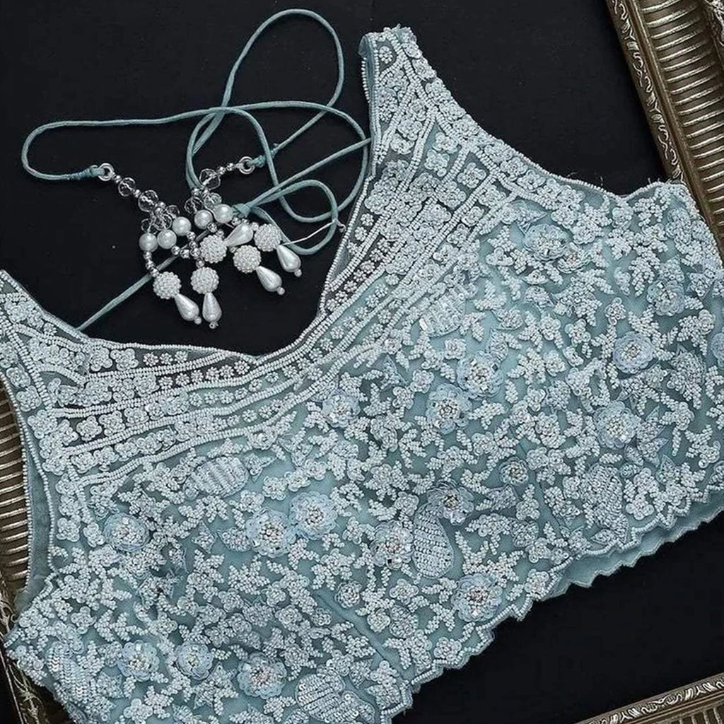 Sky Blue Organza Silk Saree with Heavy Embroidery work ClothsVilla
