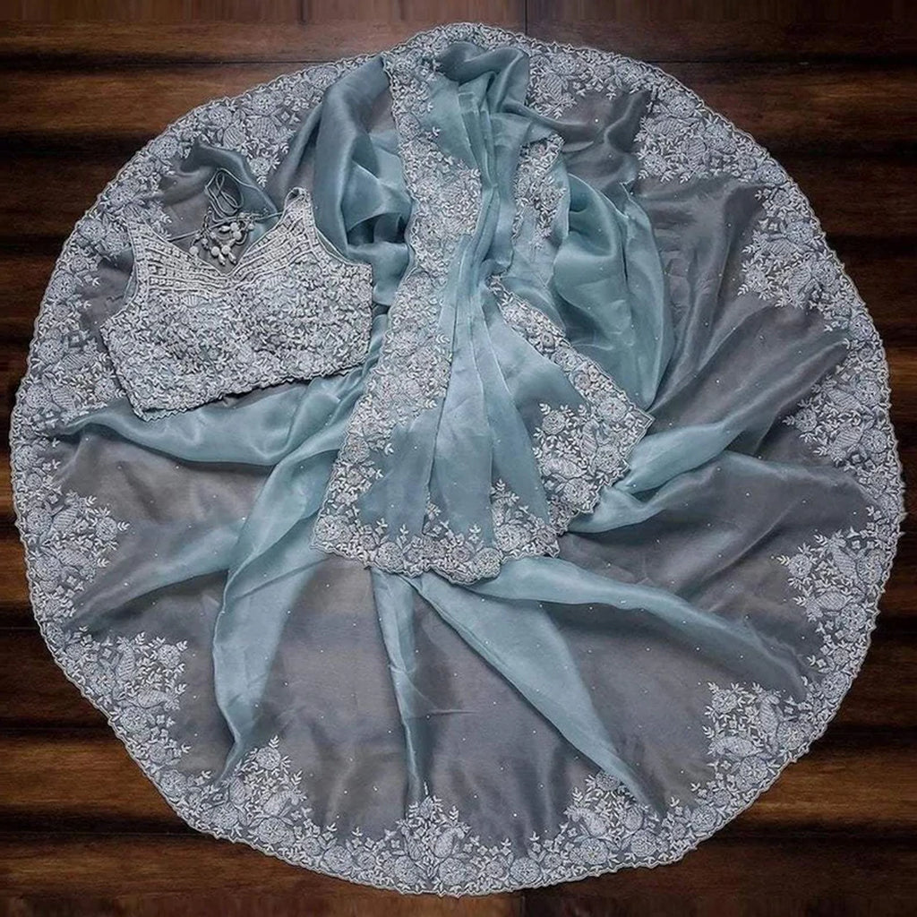 Sky Blue Organza Silk Saree with Heavy Embroidery work ClothsVilla