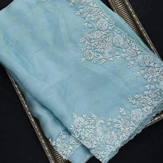 Sky Blue Organza Silk Saree with Heavy Embroidery work ClothsVilla