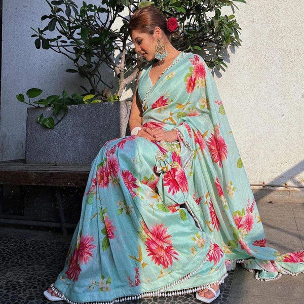 Sky colored Flower Printed Satin Saree ClothsVilla