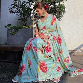 Sky colored Flower Printed Satin Saree ClothsVilla