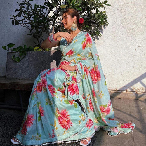 Sky colored Flower Printed Satin Saree ClothsVilla