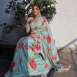 Load image into Gallery viewer, Sky colored Flower Printed Satin Saree ClothsVilla