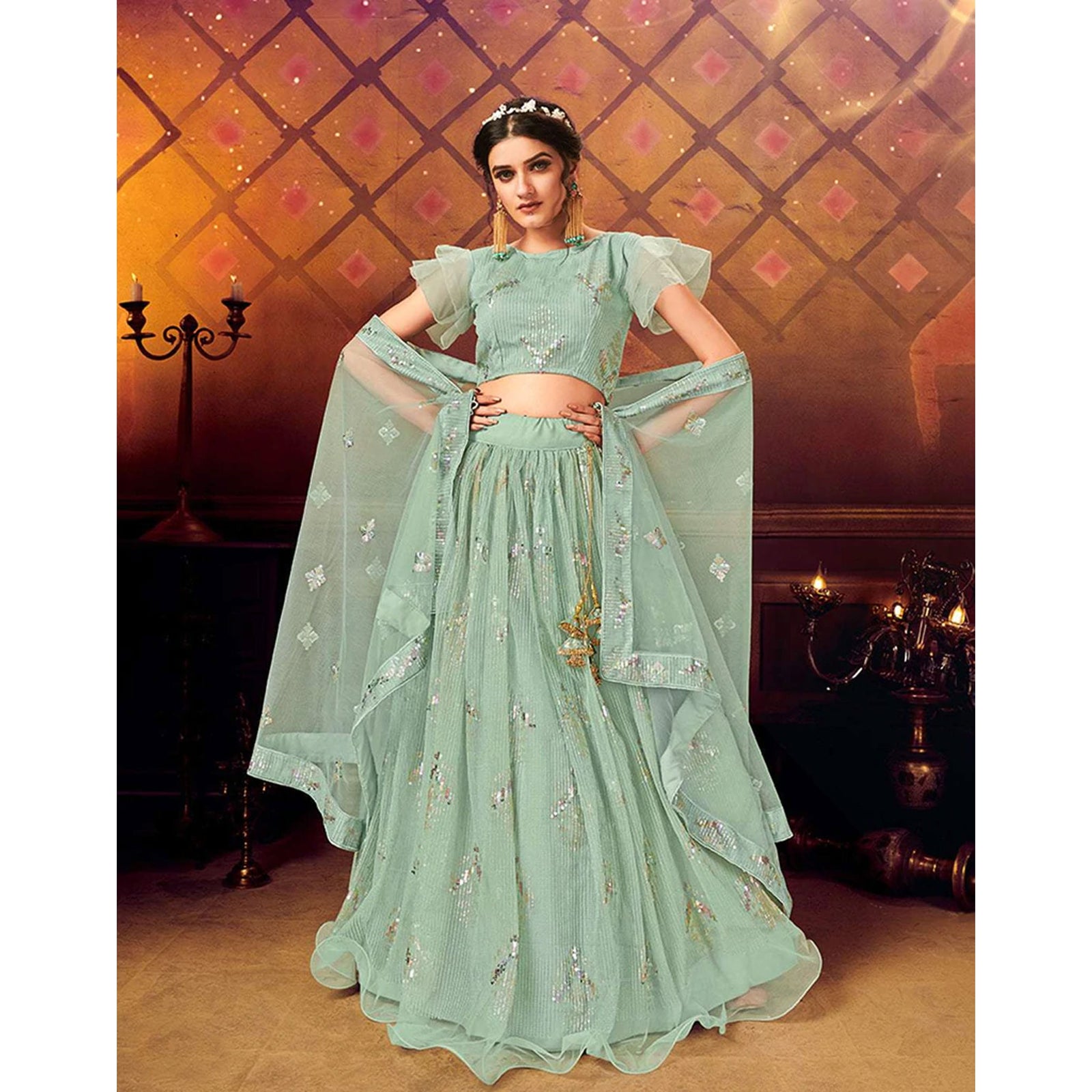 Light Green color Soft Net Lehenga with Heavy Sequence work ClothsVilla
