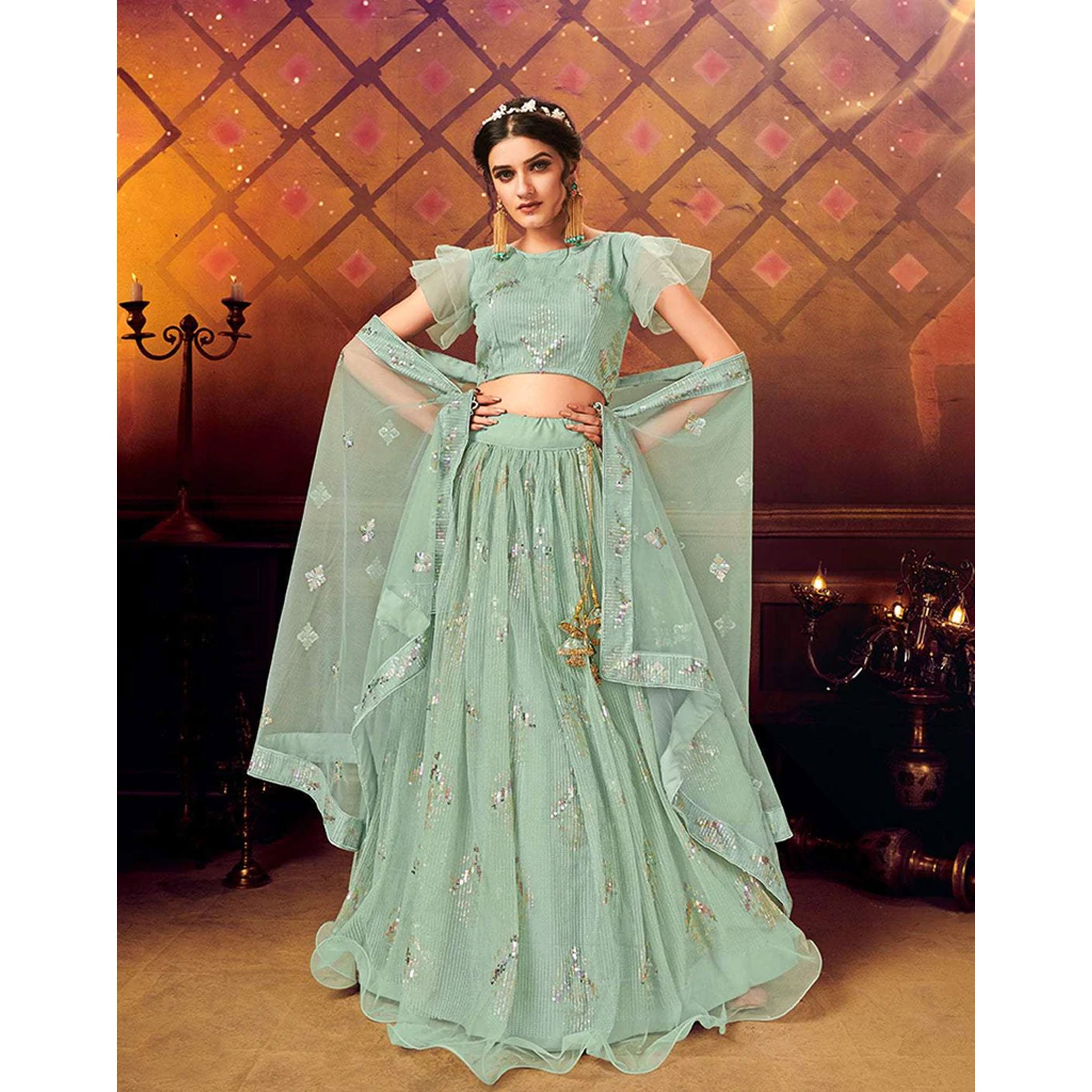 Light Green color Soft Net Lehenga with Heavy Sequence work ClothsVilla Main image