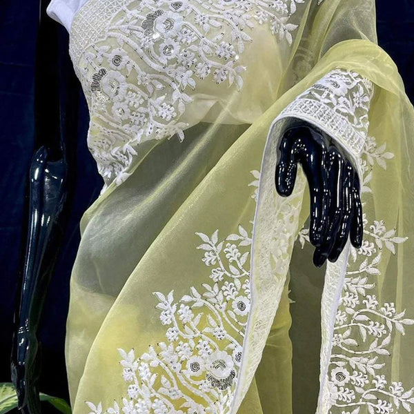 Soft Organza High Quality Saree with Viscose Thread Sequence Work with White Silk Blouse ClothsVilla