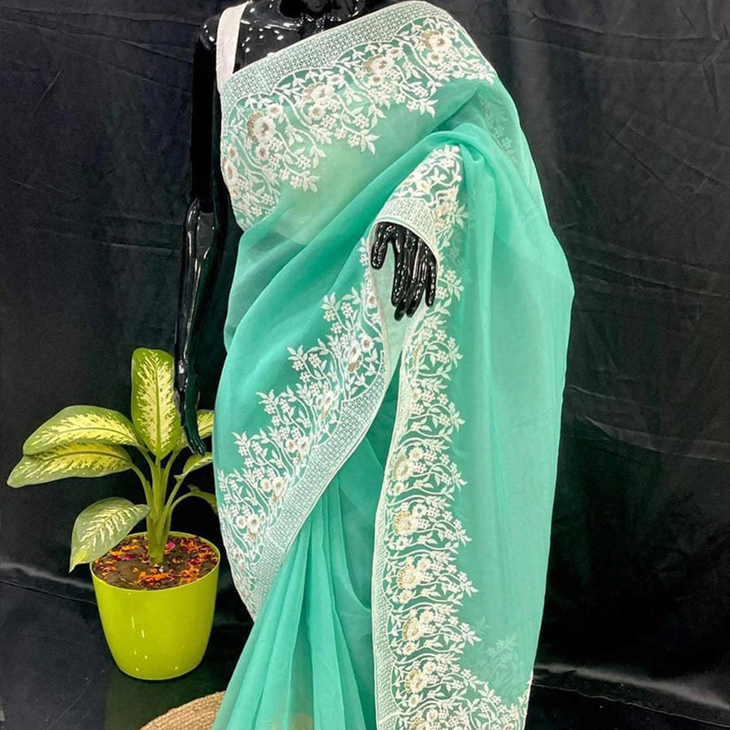Soft Organza High Quality Saree with Viscose Thread Sequence Work with White Silk Blouse ClothsVilla