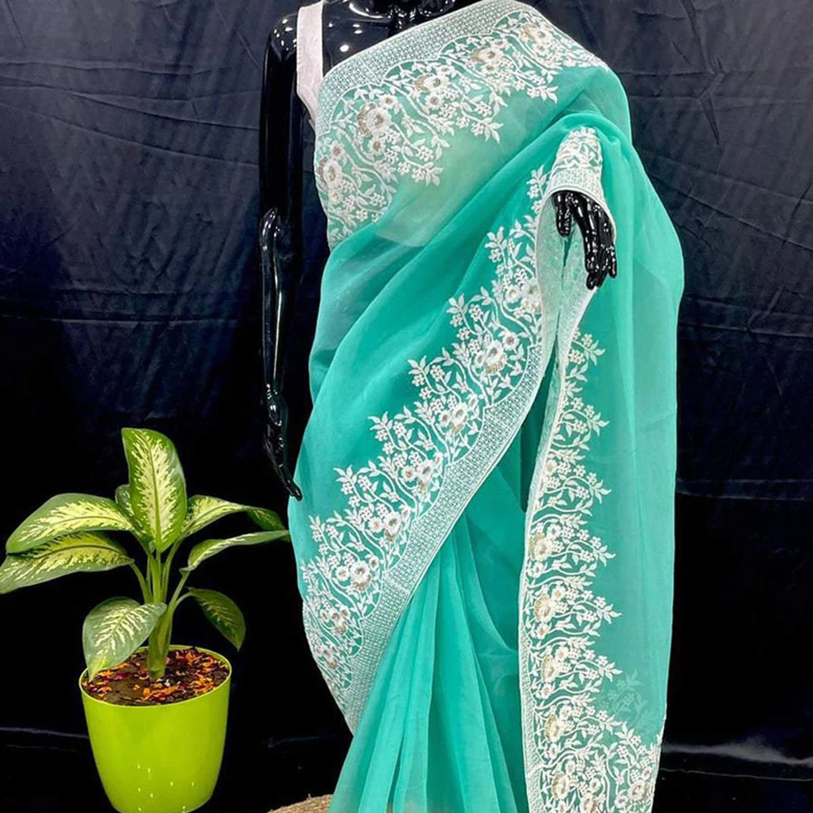 Soft Organza High Quality Saree with Viscose Thread Sequence Work with White Silk Blouse ClothsVilla