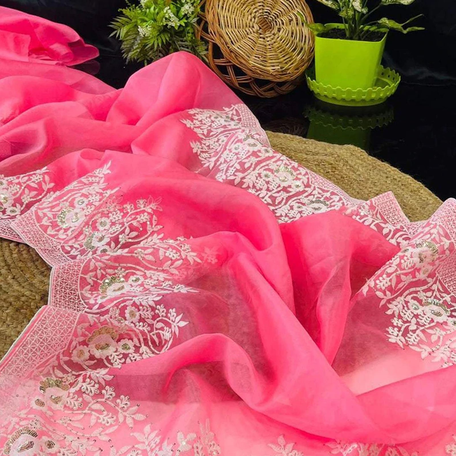 Soft Organza High Quality Saree with Viscose Thread Sequence Work with White Silk Blouse ClothsVilla