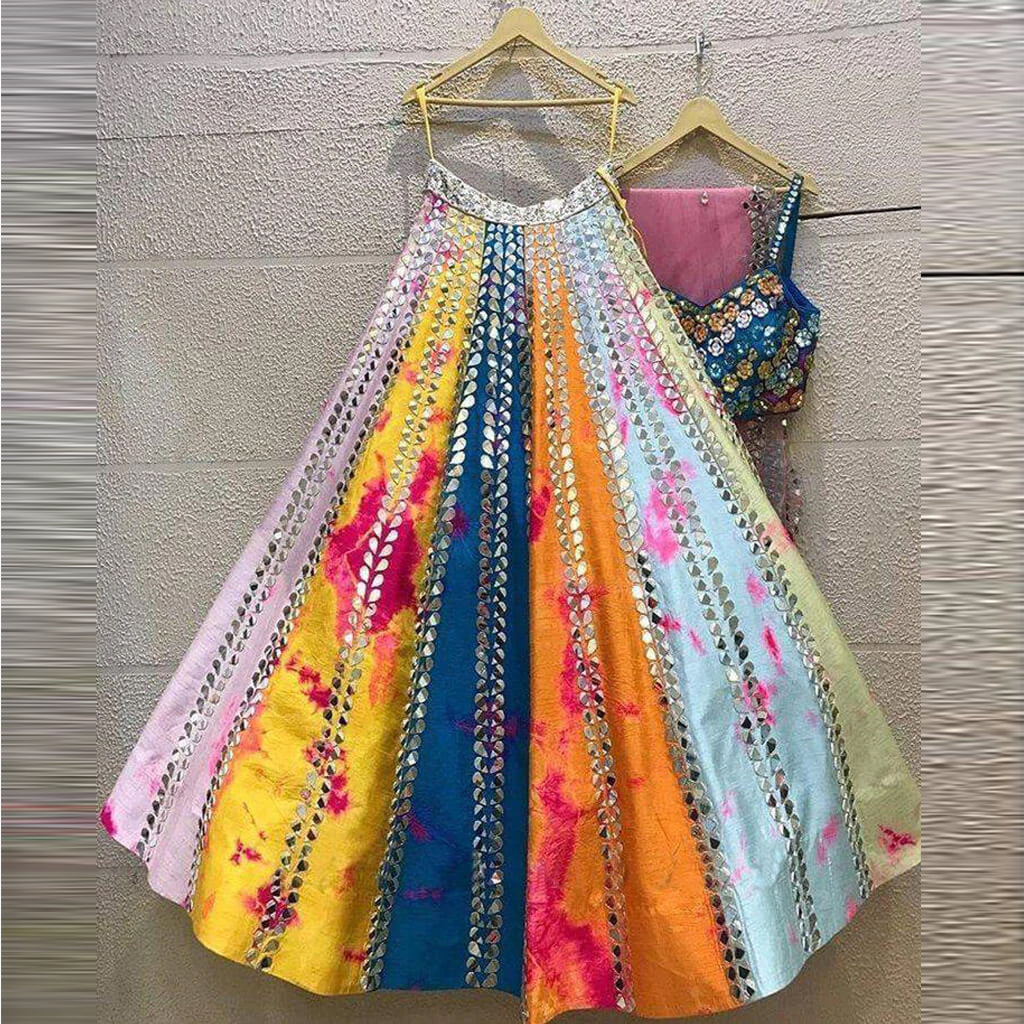 Soft Silk Multi Color Mirror Work Lehenga Choli with Dupatta and Unstitch Blouse Material ClothsVilla