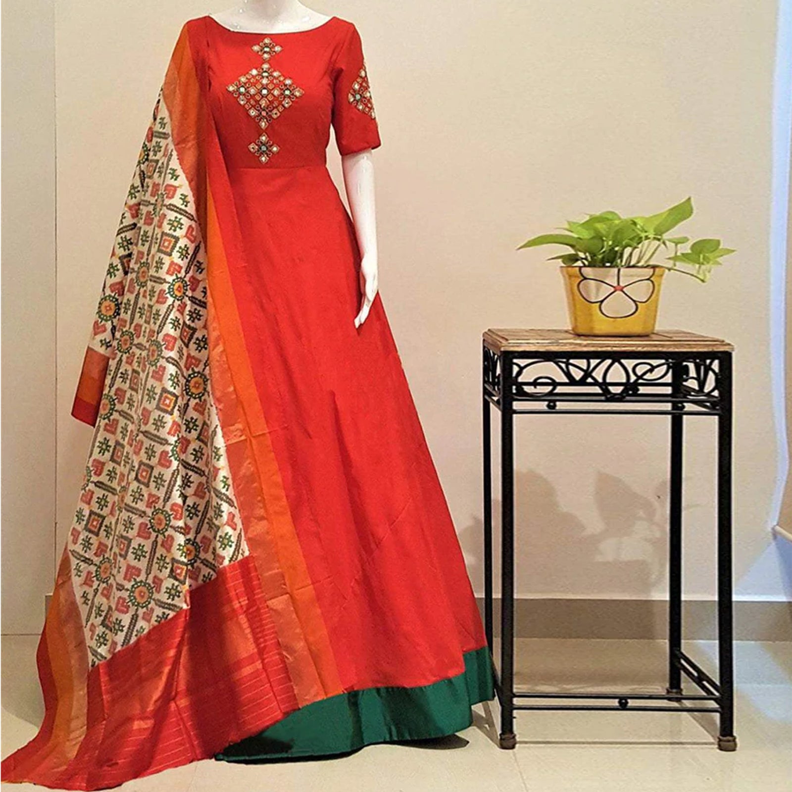 Sparkling Foil Mirror Work Tafeta Silk Readymade Gown ClothsVilla
