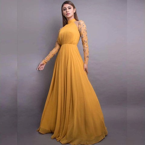 Stunning Mustard colored 8 Meter Flared Maxi Gown with Embellished Sleeves. ClothsVilla Main image