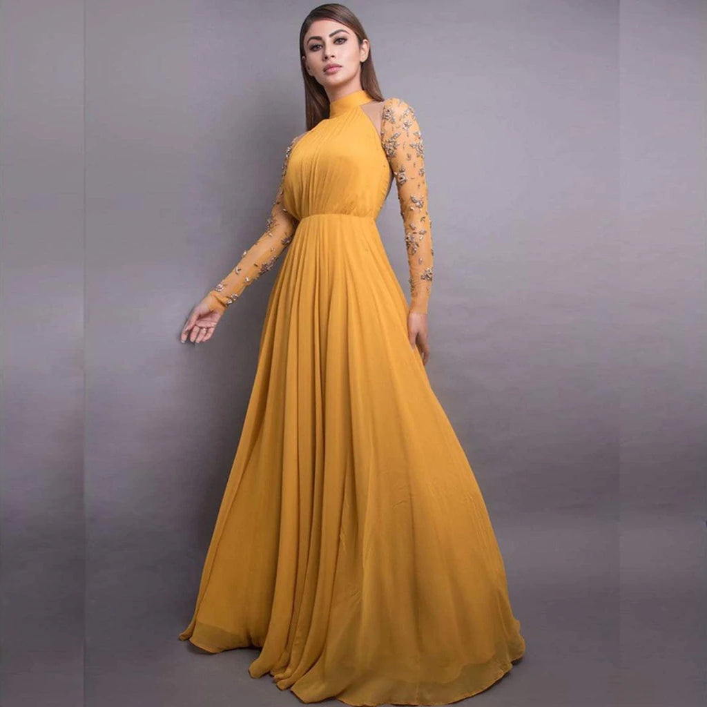 Stunning Mustard colored 8 Meter Flared Maxi Gown with Embellished Sleeves. ClothsVilla