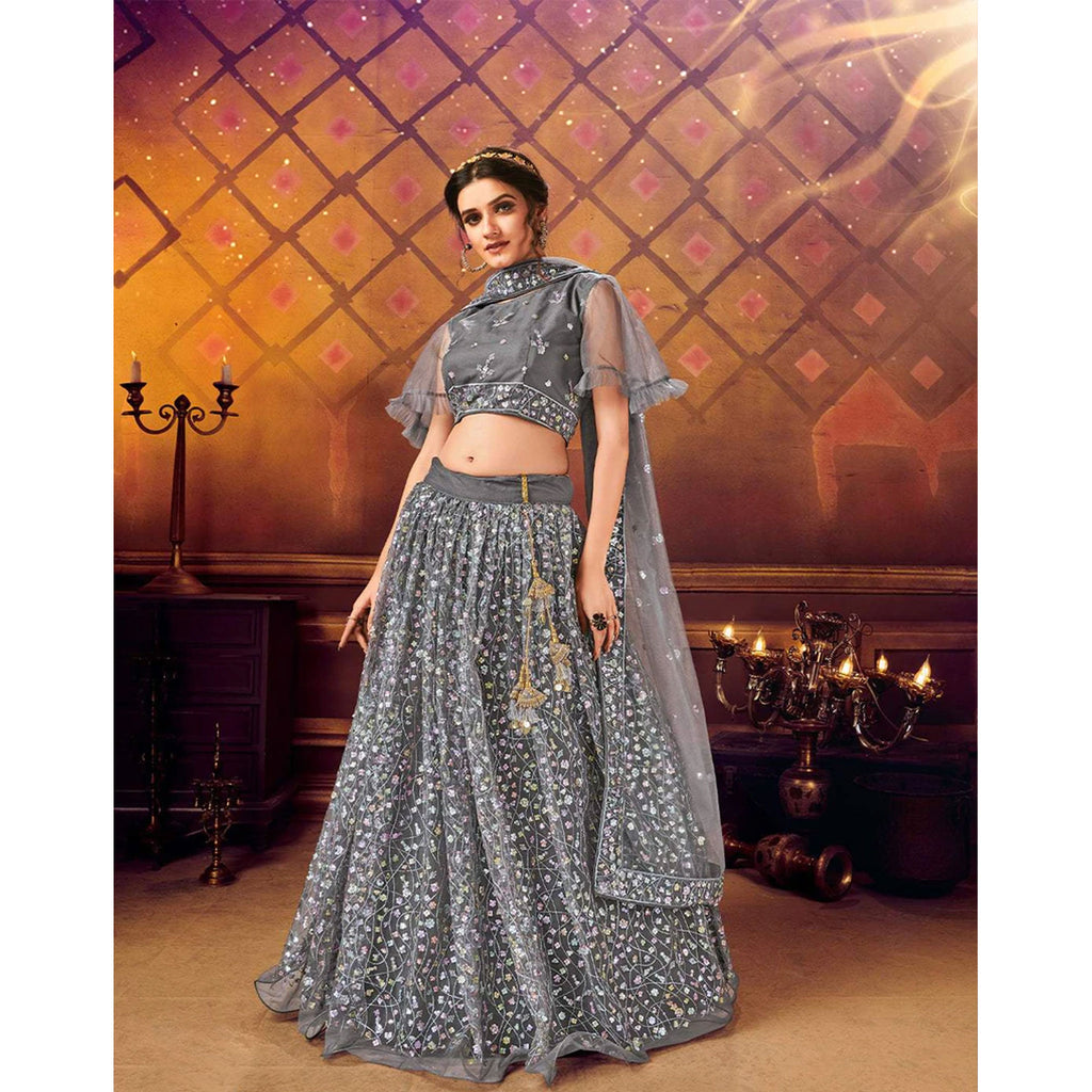 Grey color Soft Net Lanenga with Heavy Sequence work ClothsVilla