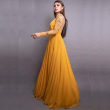 Load image into Gallery viewer, Stunning Mustard colored 8 Meter Flared Maxi Gown with Embellished Sleeves. ClothsVilla