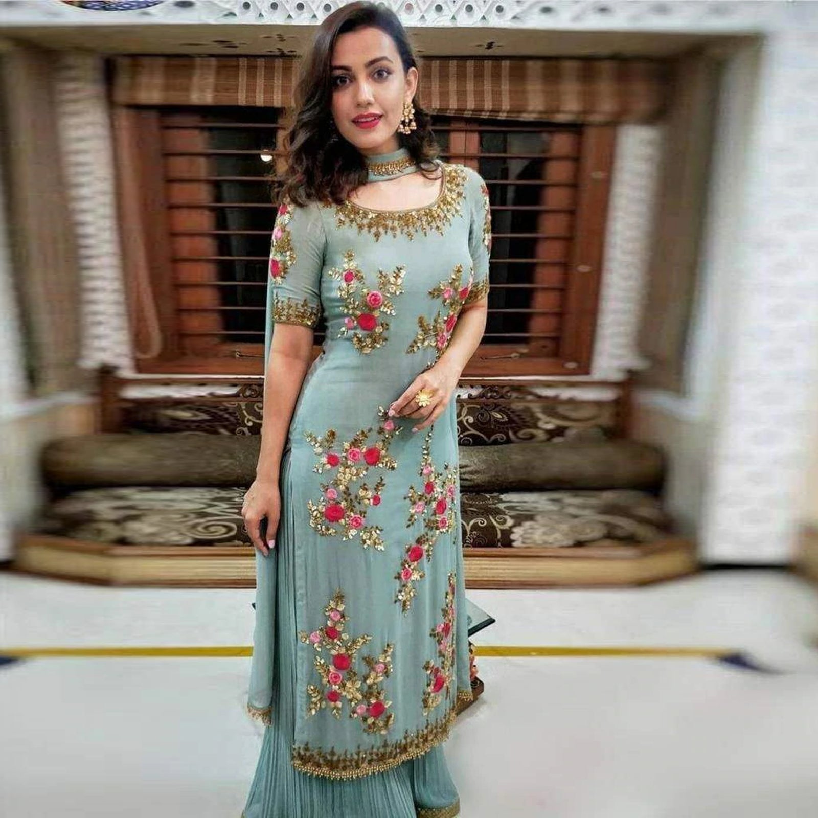Stylish Stone Blue Salwar Suit Palazzo with Embroidery work and Floral Design ClothsVilla