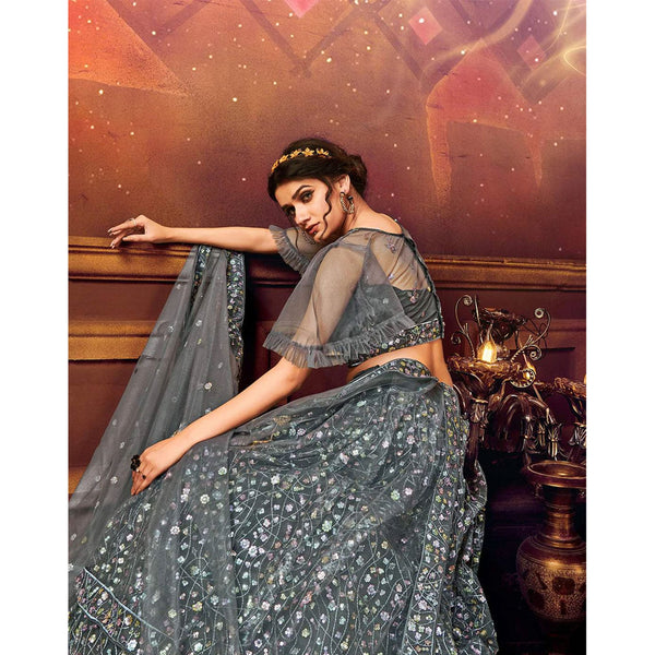 Grey color Soft Net Lanenga with Heavy Sequence work ClothsVilla
