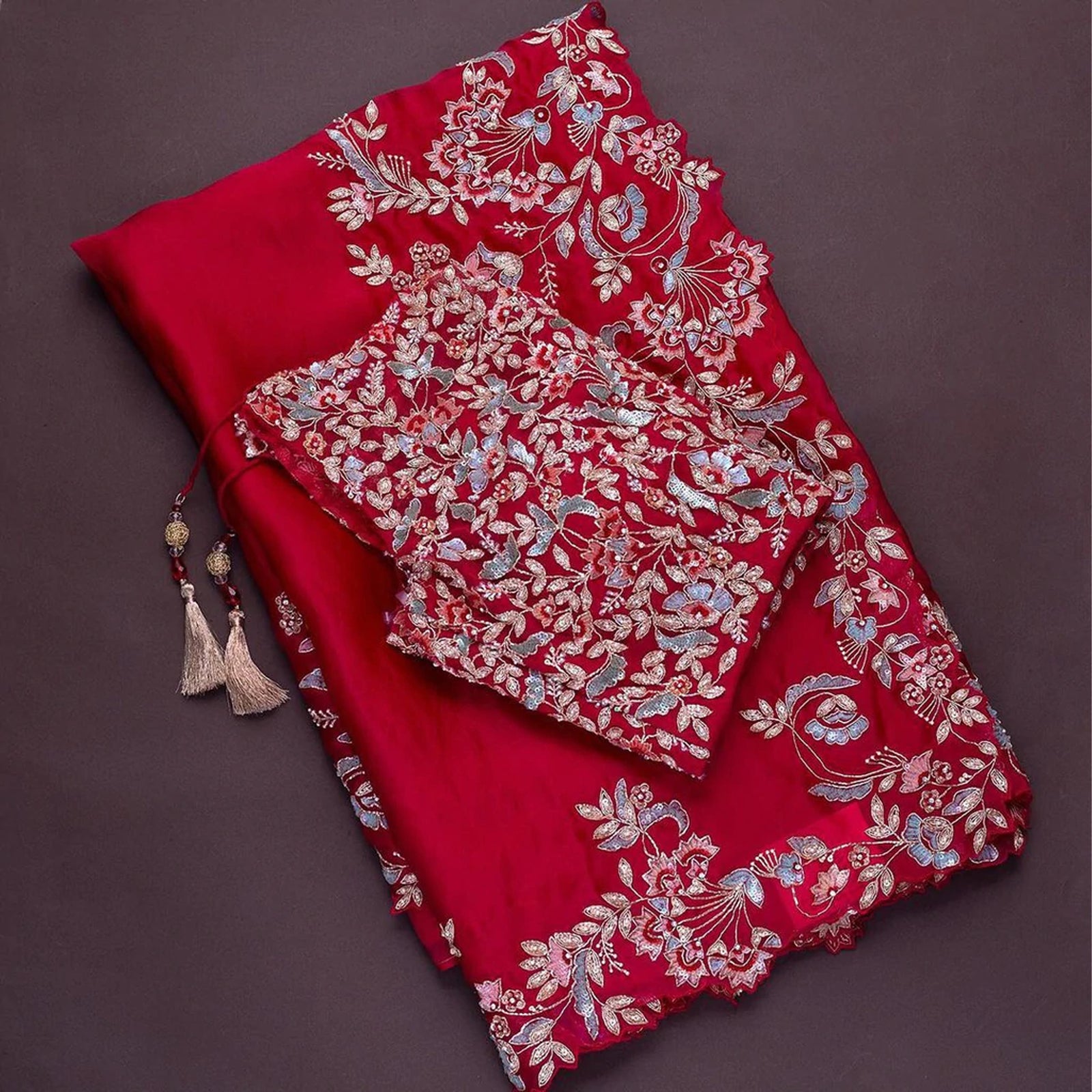 Tremendous Organza Saree with Heavy Embroidery work and Unstitched Blouse ClothsVilla