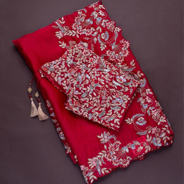 Tremendous Organza Saree with Heavy Embroidery work and Unstitched Blouse ClothsVilla