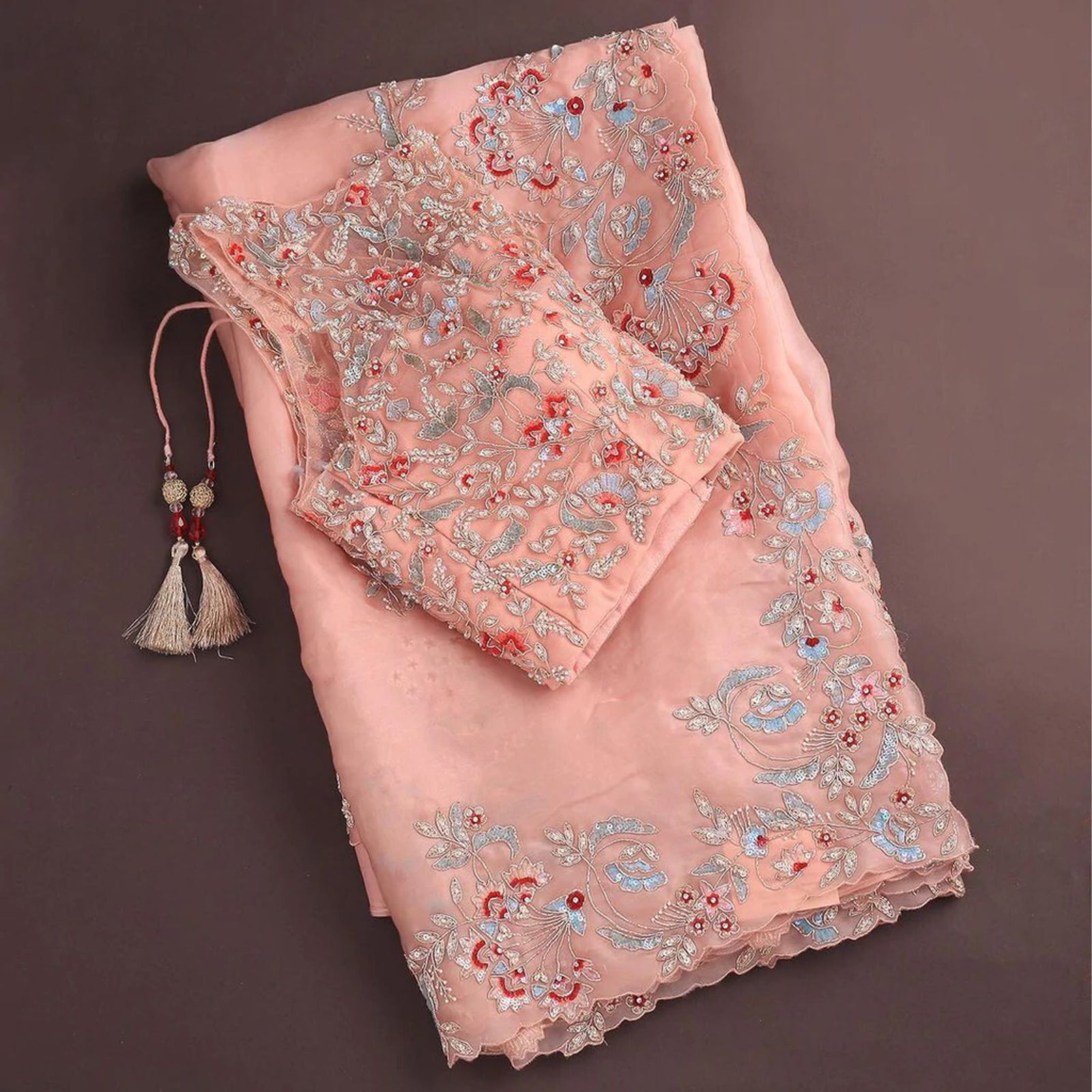 Tremendous Organza Saree with Heavy Embroidery work and Unstitched Blouse ClothsVilla