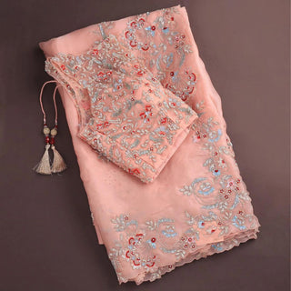 Tremendous Organza Saree with Heavy Embroidery work and Unstitched Blouse ClothsVilla