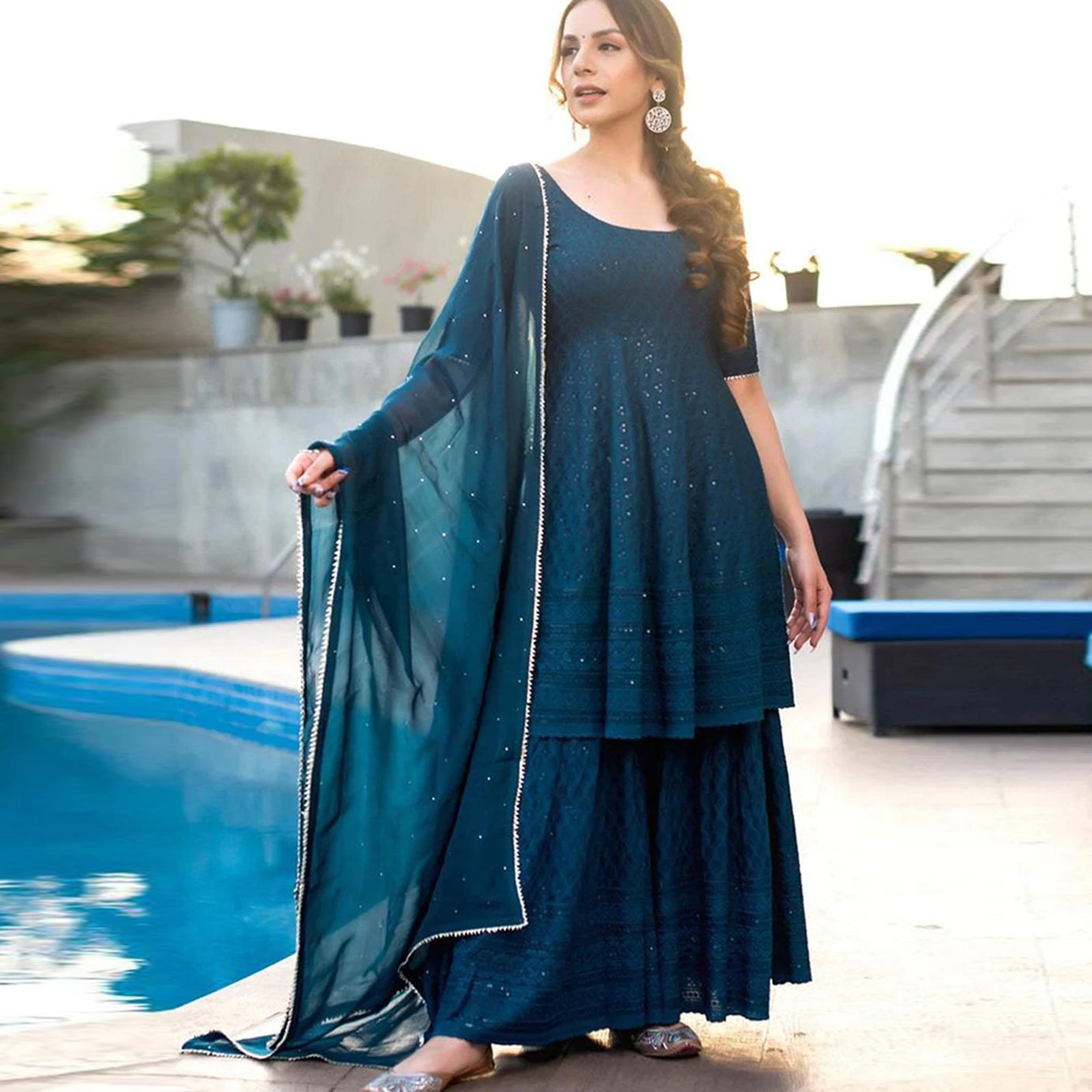 Turquois Blue Cotton Sharara with Lucknow Chikan kari Embroidery Work ClothsVilla