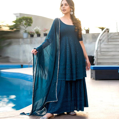 Turquois Blue Cotton Sharara with Lucknow Chikan kari Embroidery Work ClothsVilla Main image