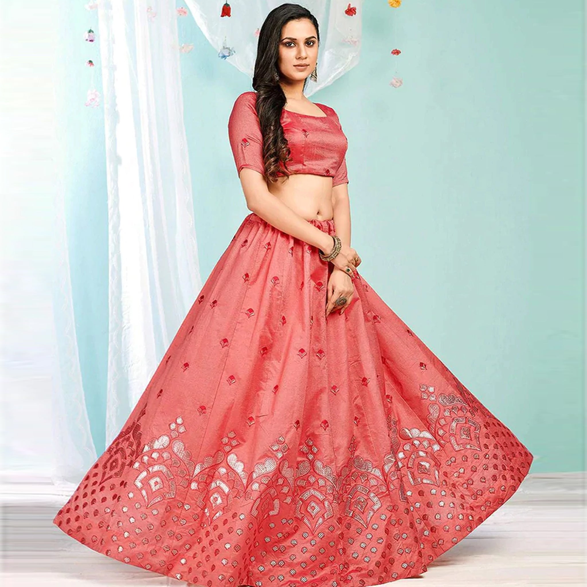Valentine Red Gota Pati and Zari Stich Without Can Can Work Lehenga choli ClothsVilla