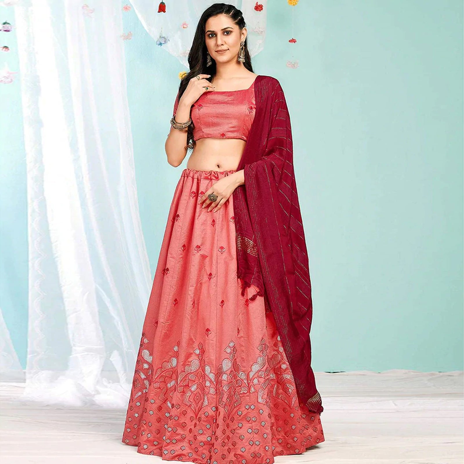 Valentine Red Gota Pati and Zari Stich Without Can Can Work Lehenga choli ClothsVilla