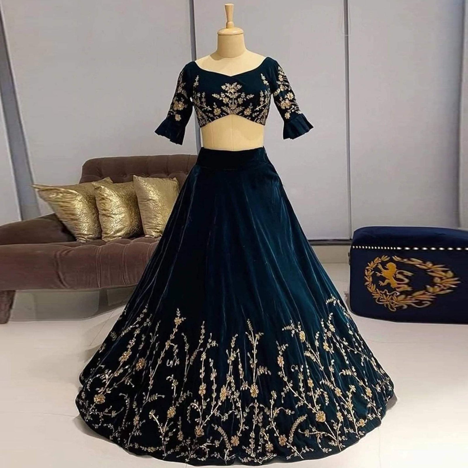 Velvet Lehenga Choli in Rama Color with Embroidery Work ClothsVilla