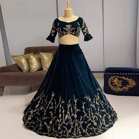 Velvet Lehenga Choli in Rama Color with Embroidery Work ClothsVilla Main image